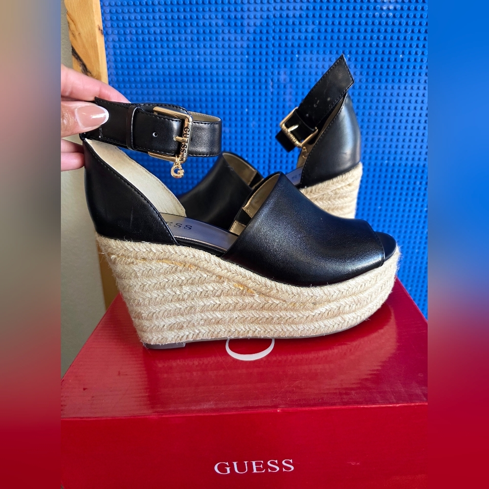 GUESS Black and Tan Wedge Sandals